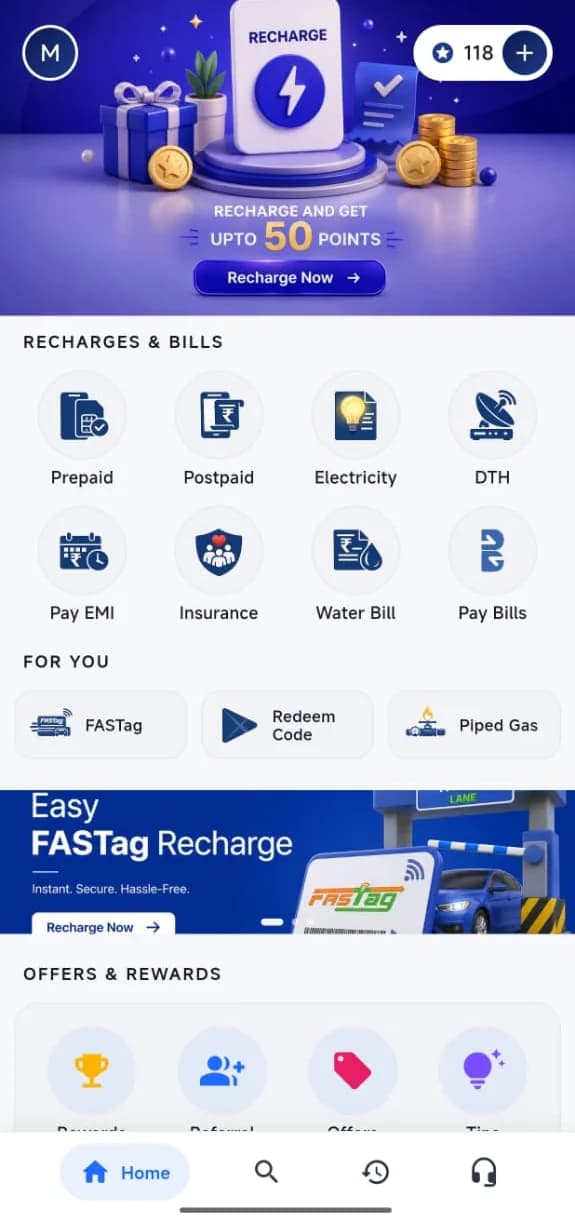 Paybeez app home screen — recharges, bills and rewards